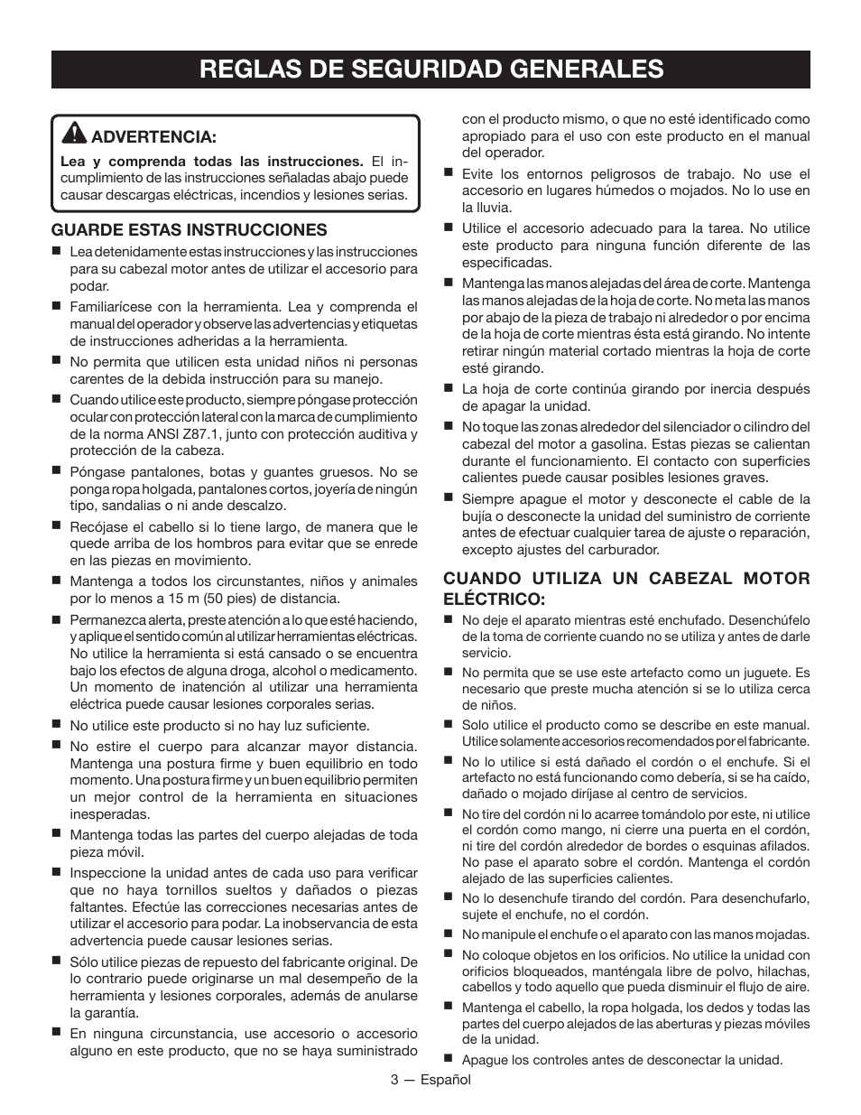 Reglas de seguridad generales | Ryobi RY15520 User Manual | Page 29 / 44