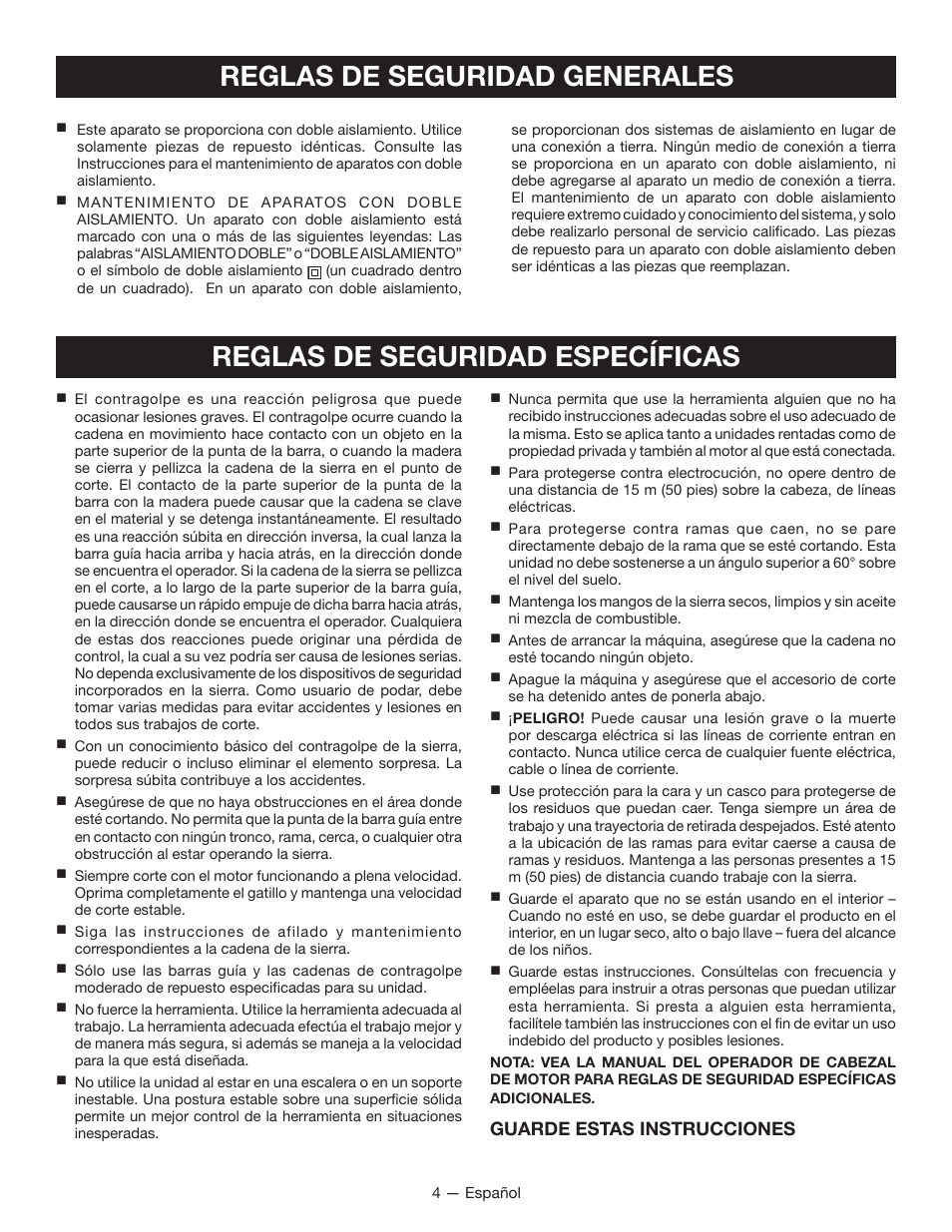 Reglas de seguridad específicas, Reglas de seguridad generales, Guarde estas instrucciones | Ryobi RY15520 User Manual | Page 30 / 44