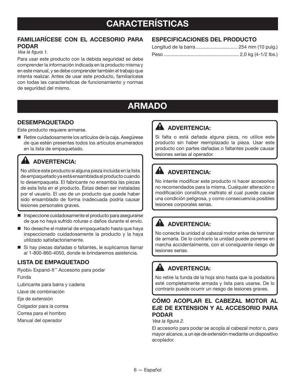 Características, Armado | Ryobi RY15520 User Manual | Page 32 / 44