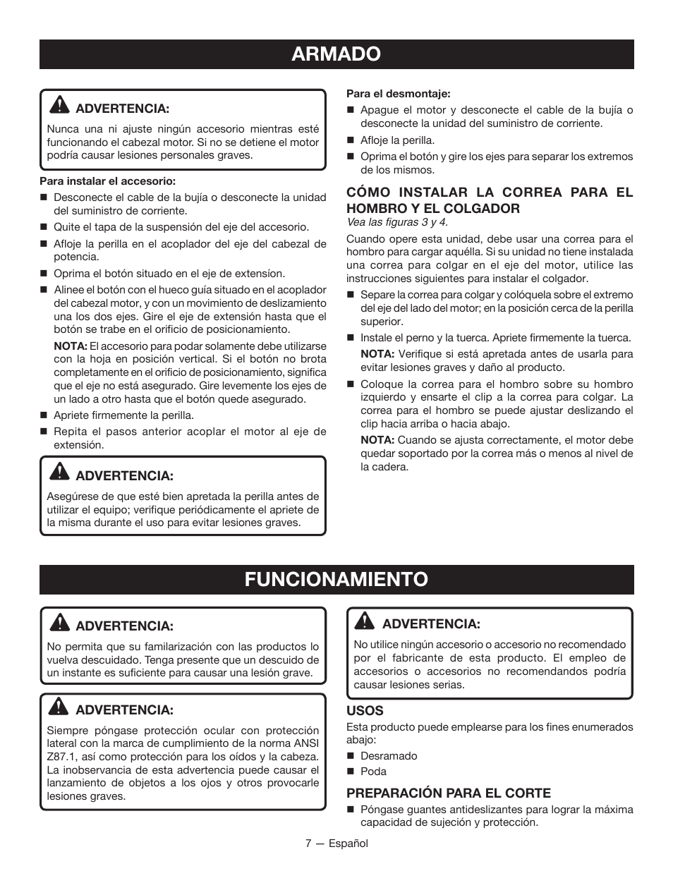 Armado, Funcionamiento | Ryobi RY15520 User Manual | Page 33 / 44