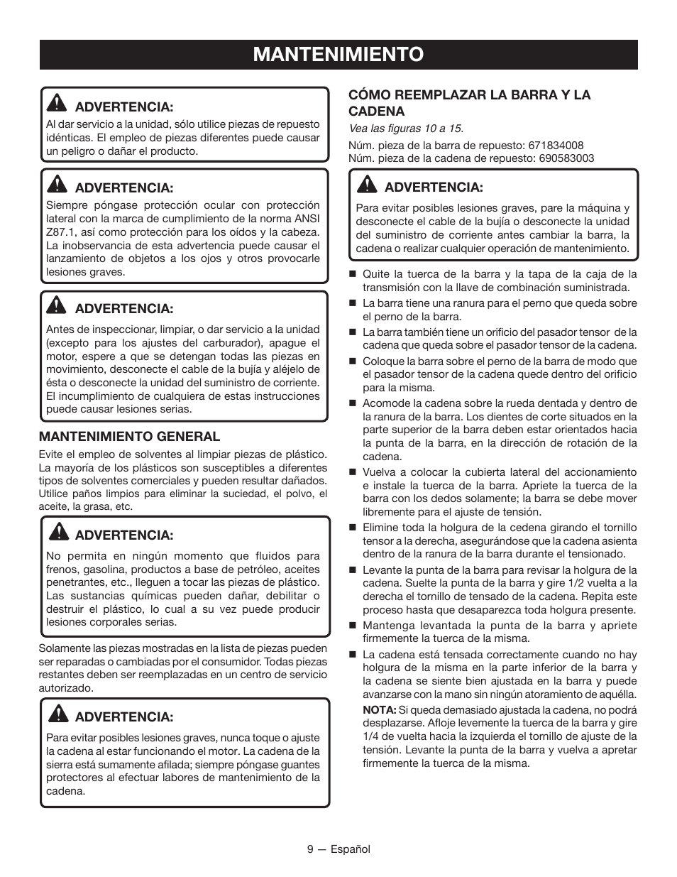 Mantenimiento | Ryobi RY15520 User Manual | Page 35 / 44