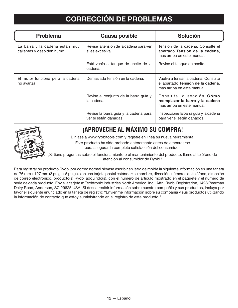 Corrección de problemas, Aproveche al máximo su compra, Problema causa posible solución | Ryobi RY15520 User Manual | Page 38 / 44