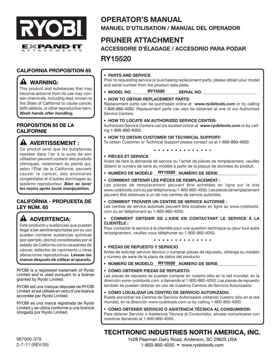 Operator’s manual, Pruner attachment, Techtronic industries north america, inc | Ryobi RY15520 User Manual | Page 44 / 44
