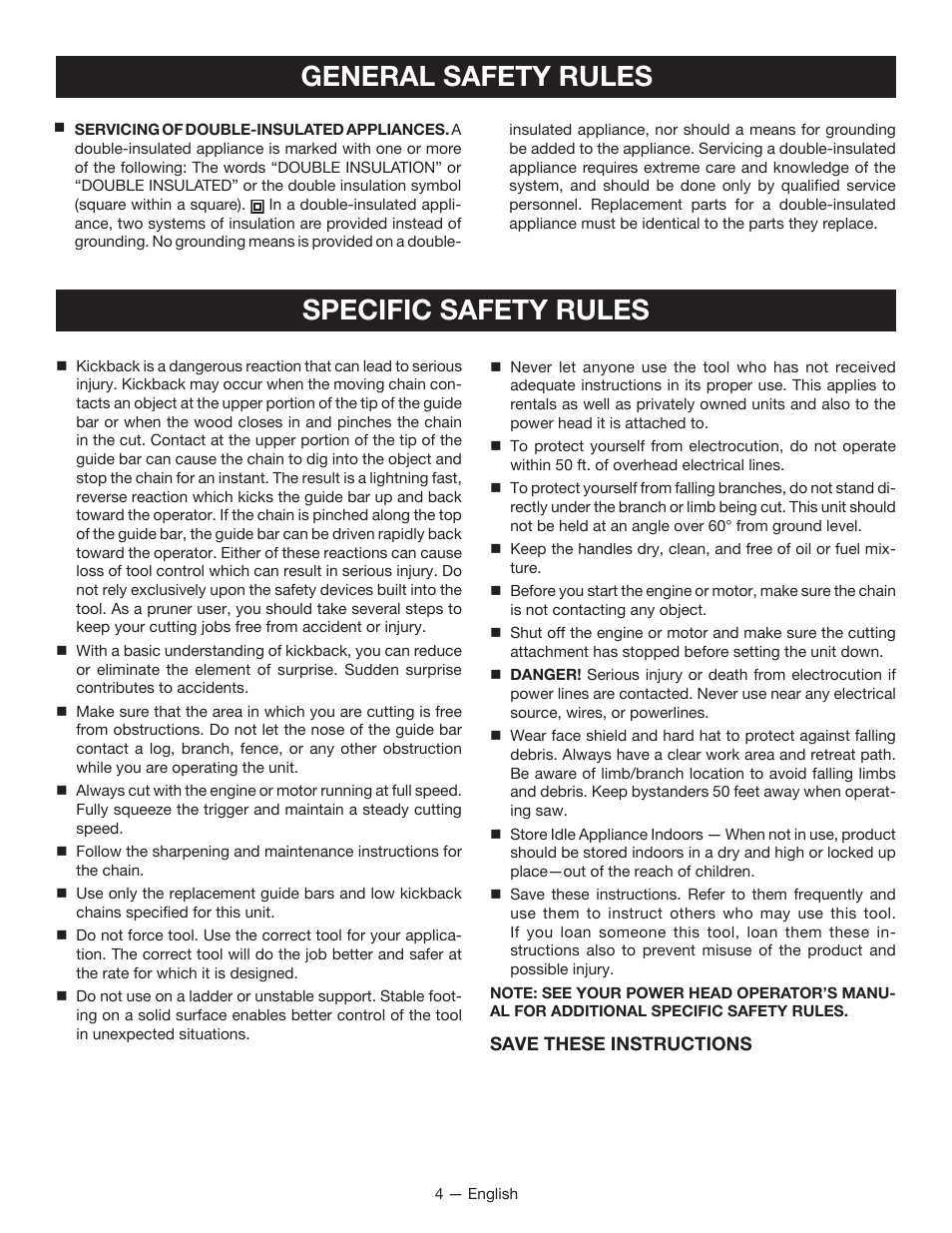 Specific safety rules, General safety rules | Ryobi RY15520 User Manual | Page 8 / 44