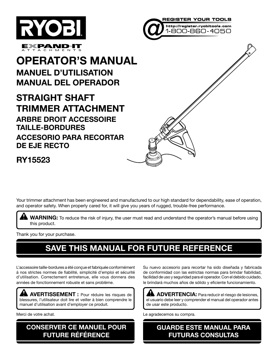 Ryobi RY15523 User Manual | 30 pages