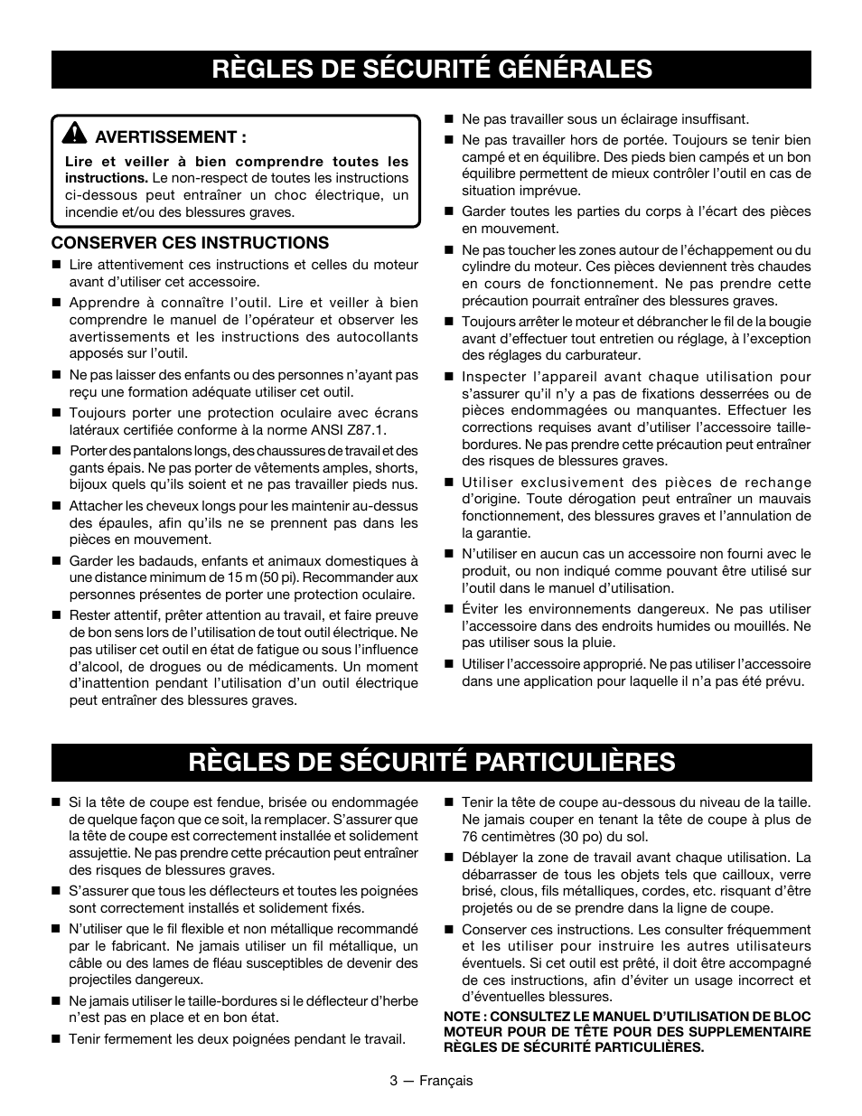 Règles de sécurité générales, Règles de sécurité particulières | Ryobi RY15523 User Manual | Page 12 / 30