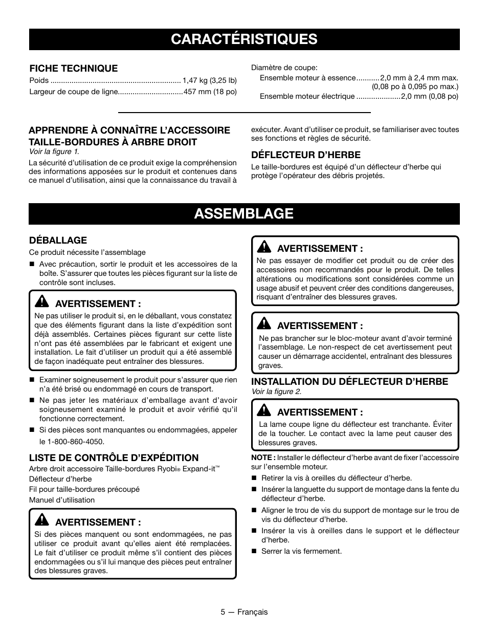 Caractéristiques, Assemblage | Ryobi RY15523 User Manual | Page 14 / 30