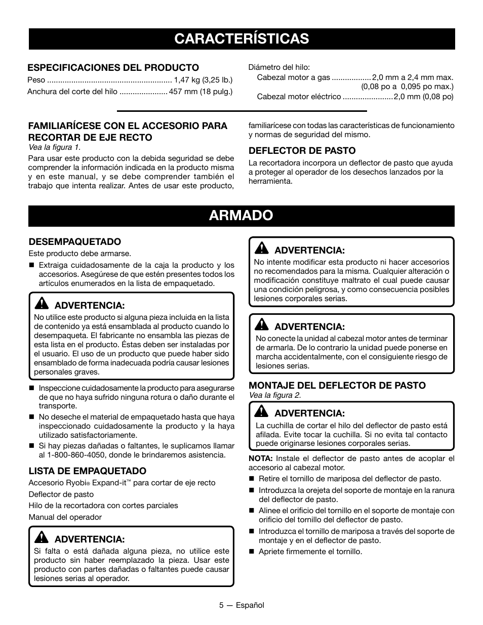 Características, Armado | Ryobi RY15523 User Manual | Page 21 / 30