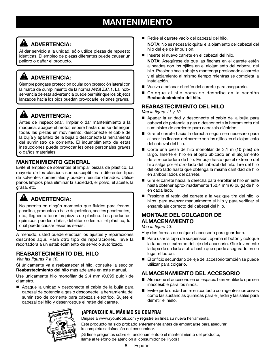 Mantenimiento, Advertencia, Mantenimiento general | Reabastecimiento del hilo, Montaje del colgador de almacenamiento, Almacenamiento del accesorio | Ryobi RY15523 User Manual | Page 24 / 30