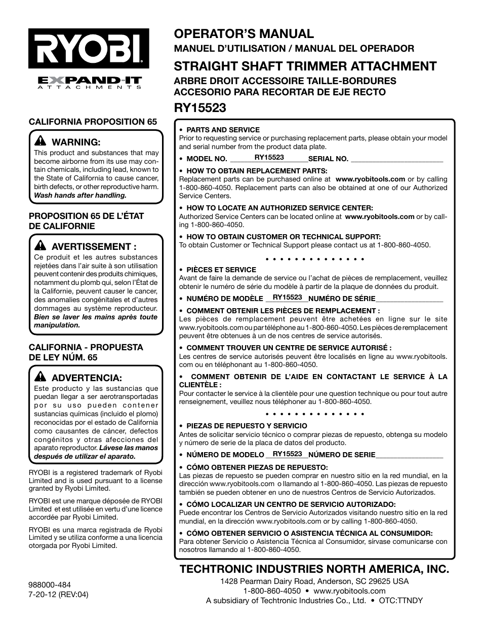 Operator’s manual, Straight shaft trimmer attachment, Techtronic industries north america, inc | Ryobi RY15523 User Manual | Page 30 / 30