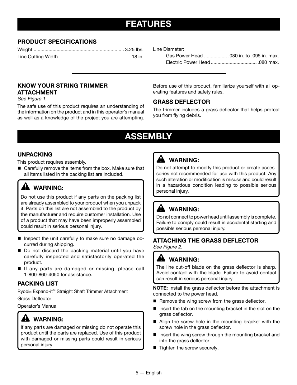Features, Assembly | Ryobi RY15523 User Manual | Page 7 / 30