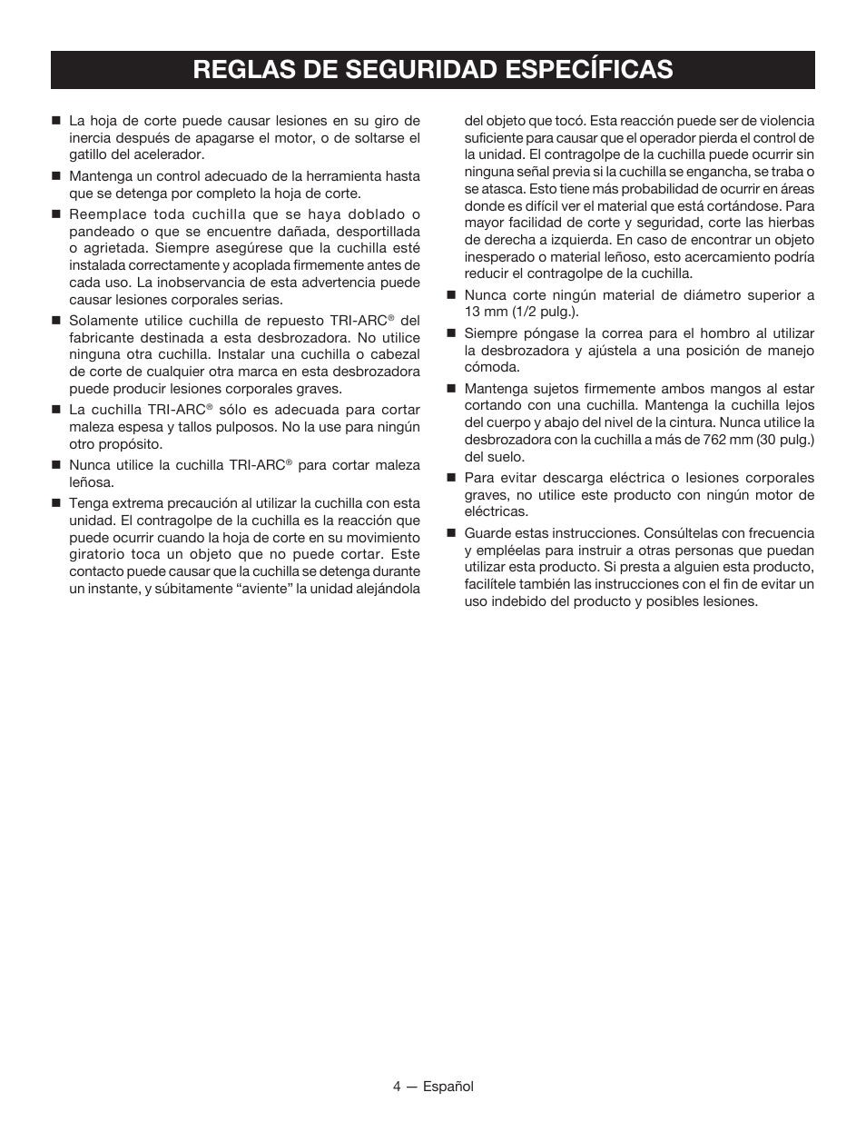 Reglas de seguridad específicas | Ryobi RY15702 User Manual | Page 24 / 34