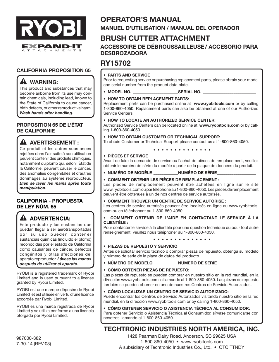 Operator’s manual, Brush cutter attachment, Techtronic industries north america, inc | Ryobi RY15702 User Manual | Page 34 / 34