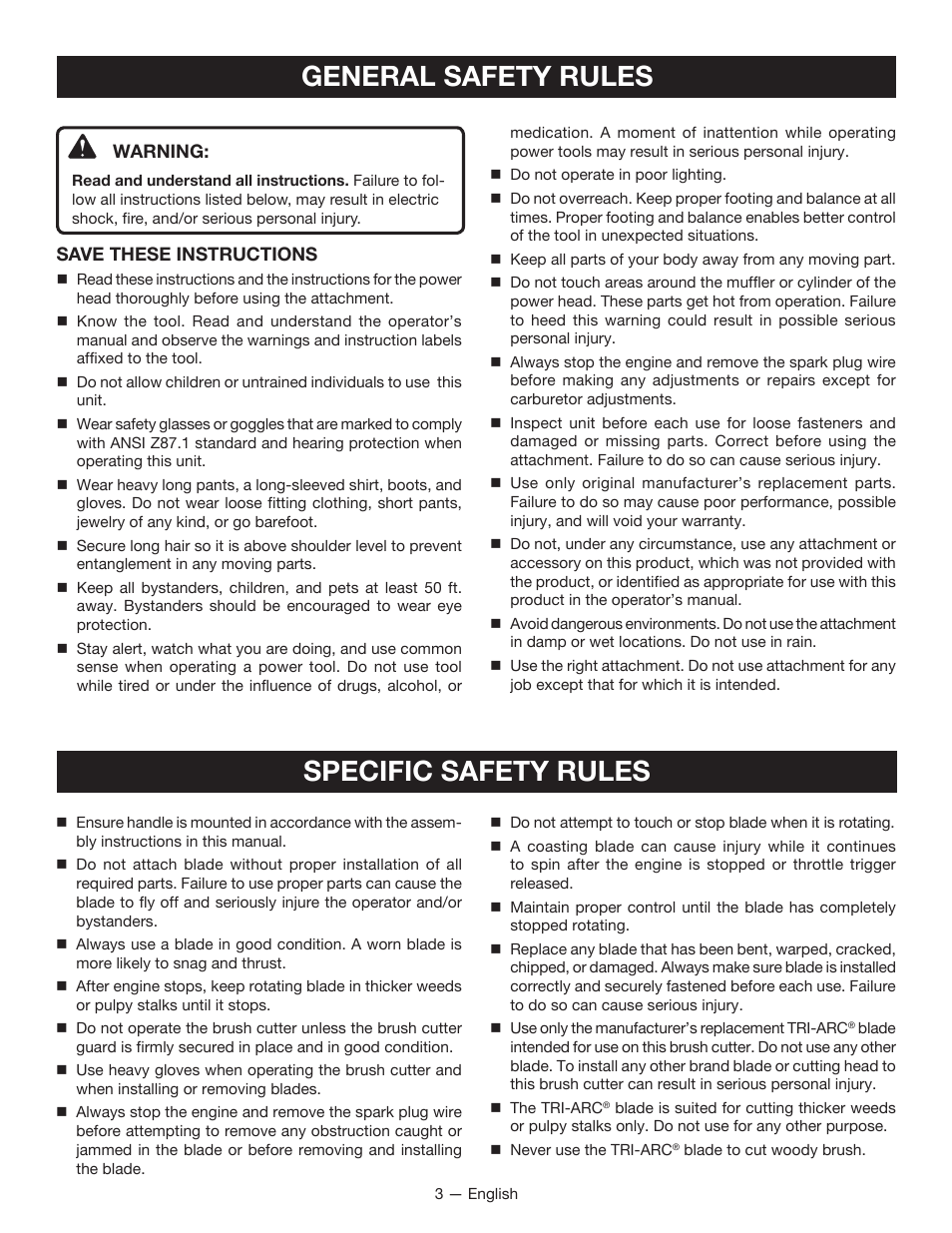 General safety rules, Specific safety rules | Ryobi RY15702 User Manual | Page 5 / 34