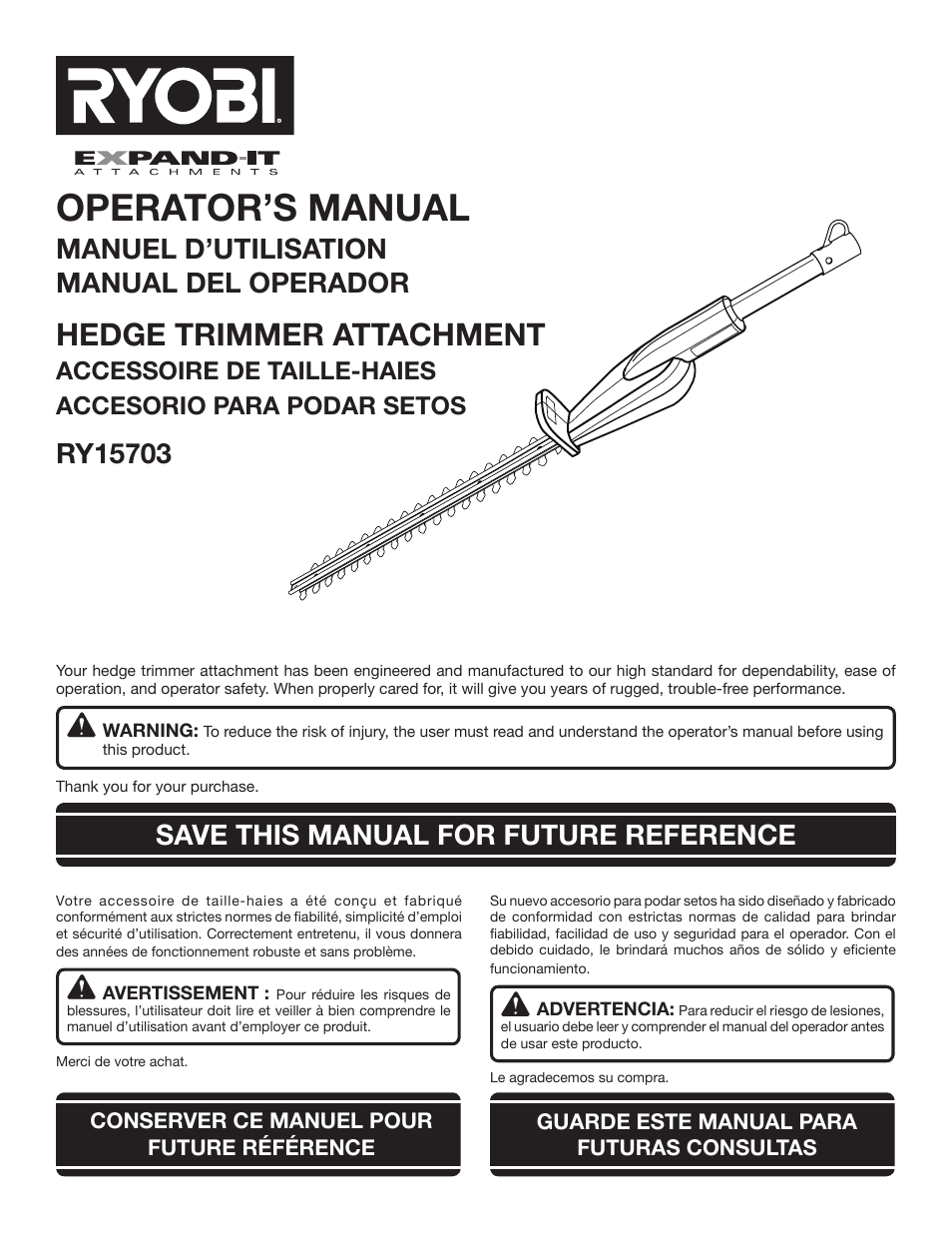 Ryobi RY15703 User Manual | 30 pages