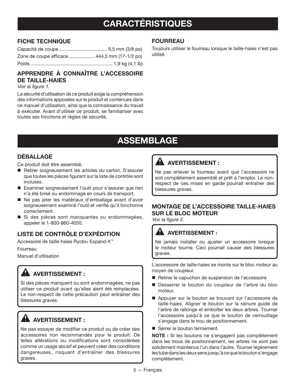 Caractéristiques, Assemblage | Ryobi RY15703 User Manual | Page 14 / 30