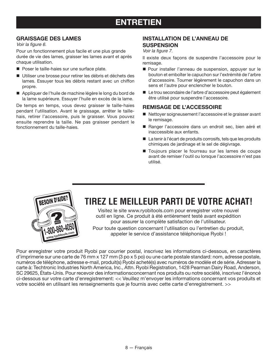 Tirez le meilleur parti de votre achat, Entretien, Besoin d’aid e | Ryobi RY15703 User Manual | Page 17 / 30