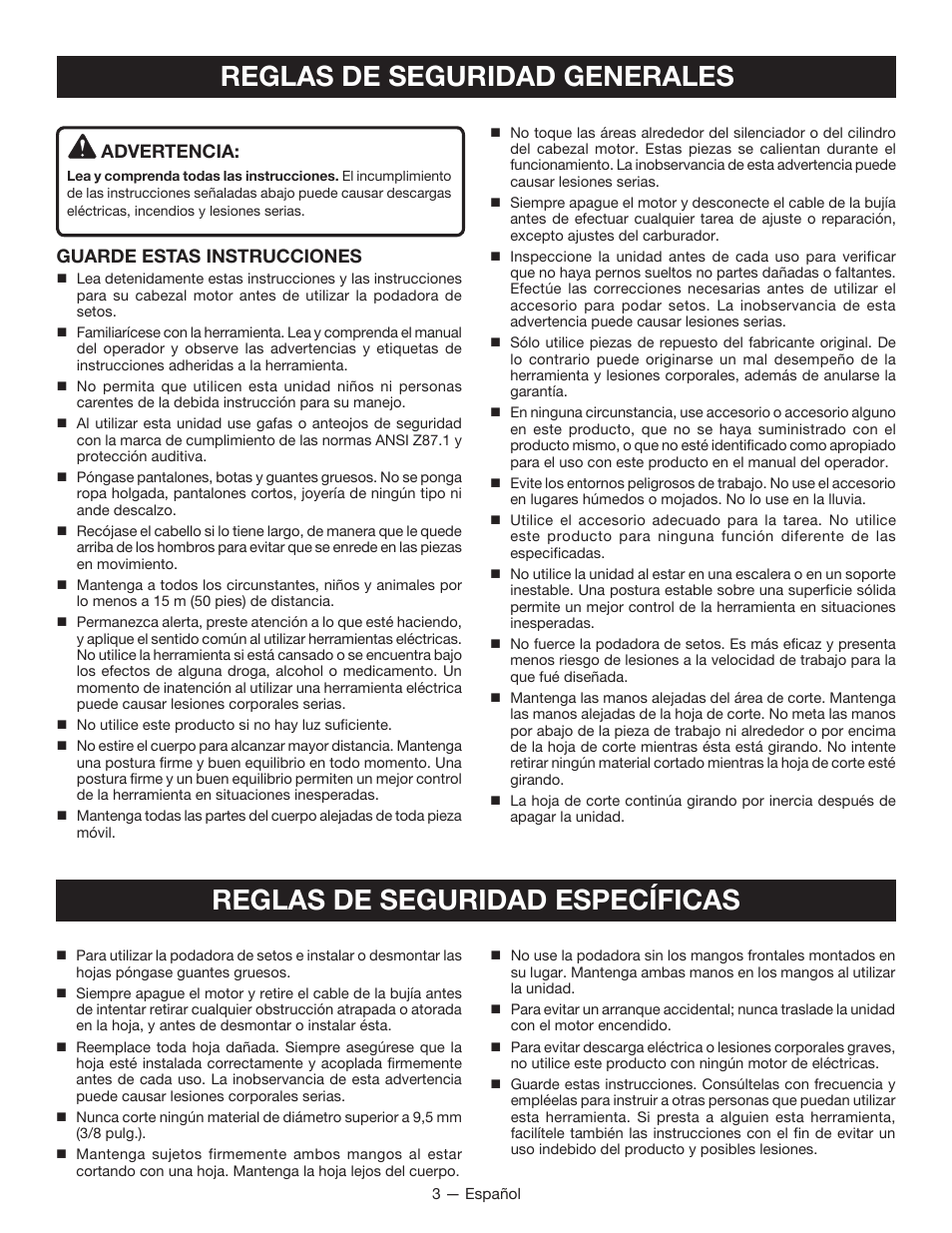 Reglas de seguridad generales, Reglas de seguridad específicas, Advertencia | Guarde estas instrucciones | Ryobi RY15703 User Manual | Page 19 / 30