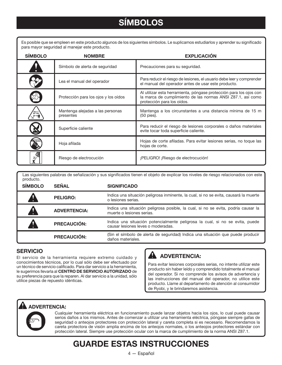 Símbolos, Guarde estas instrucciones, Advertencia | Servicio | Ryobi RY15703 User Manual | Page 20 / 30