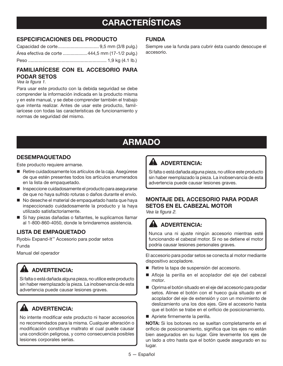 Características, Armado | Ryobi RY15703 User Manual | Page 21 / 30