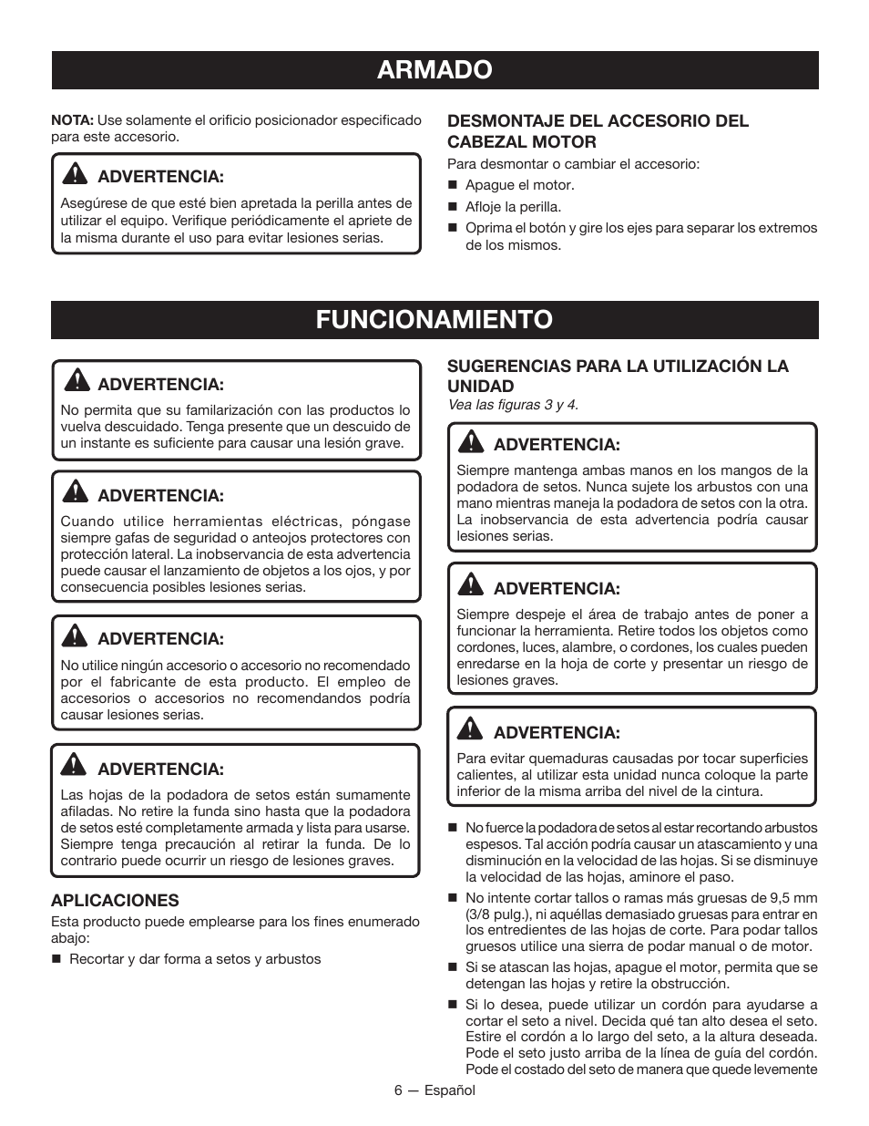 Armado, Funcionamiento | Ryobi RY15703 User Manual | Page 22 / 30