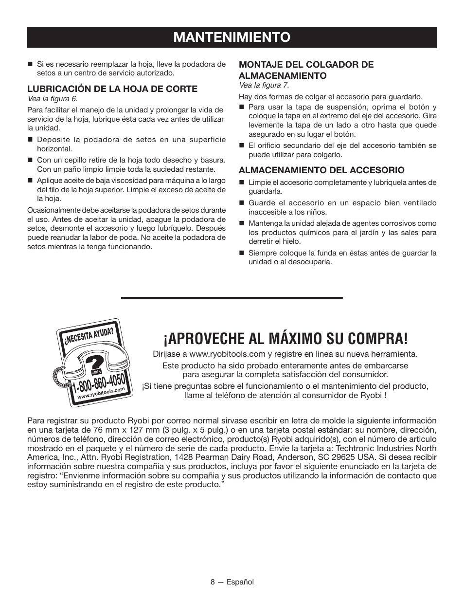 Aproveche al máximo su compra, Mantenimiento | Ryobi RY15703 User Manual | Page 24 / 30