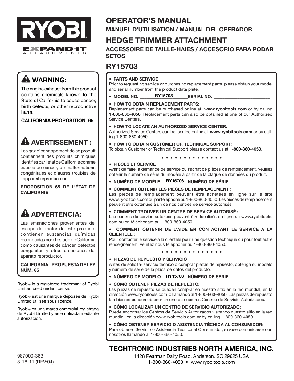 Operator’s manual, Hedge trimmer attachment, Warning | Techtronic industries north america, inc, Avertissement, Advertencia | Ryobi RY15703 User Manual | Page 30 / 30