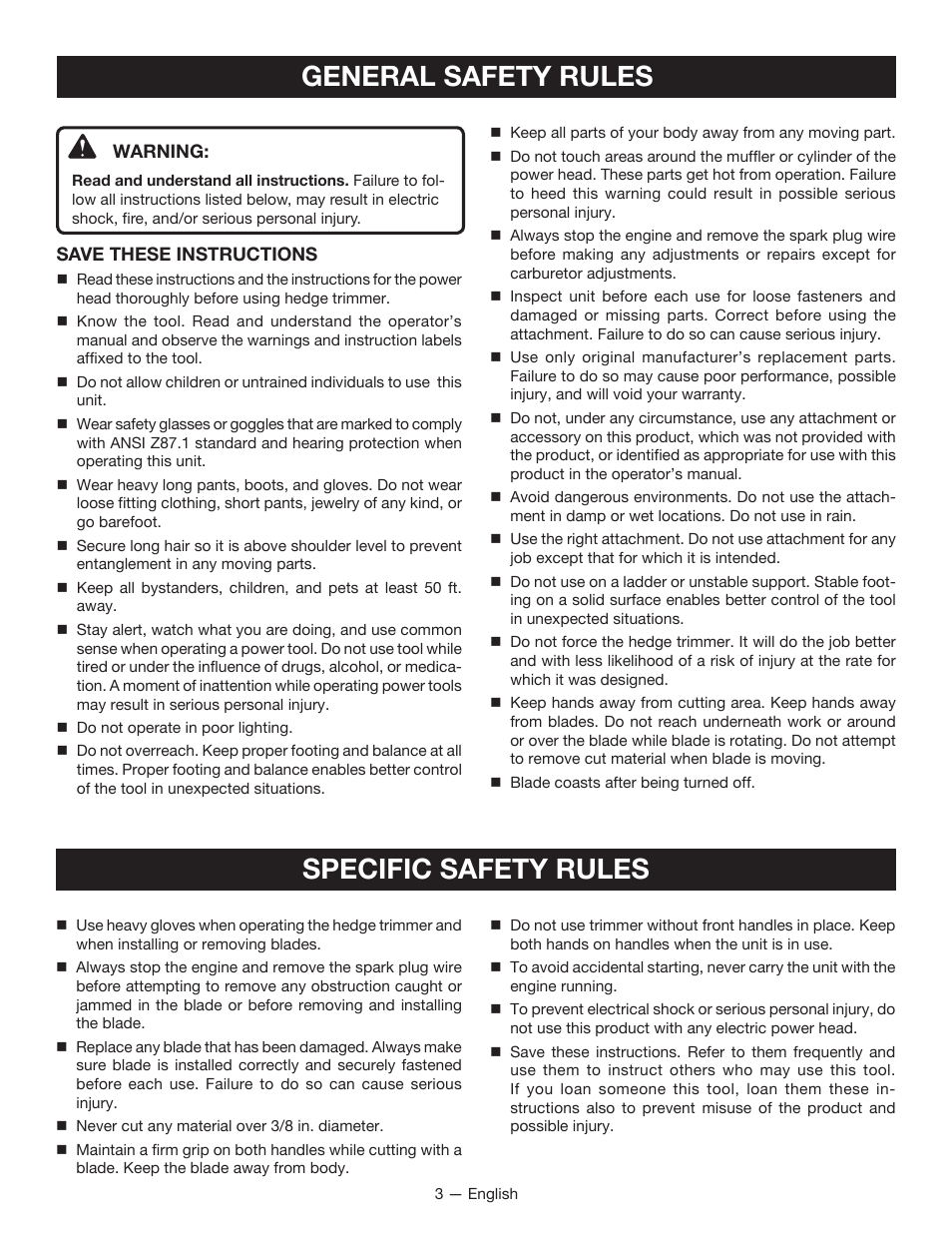General safety rules, Specific safety rules | Ryobi RY15703 User Manual | Page 5 / 30