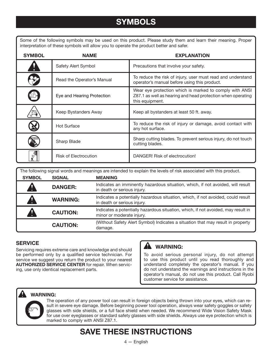Symbols, Save these instructions | Ryobi RY15703 User Manual | Page 6 / 30