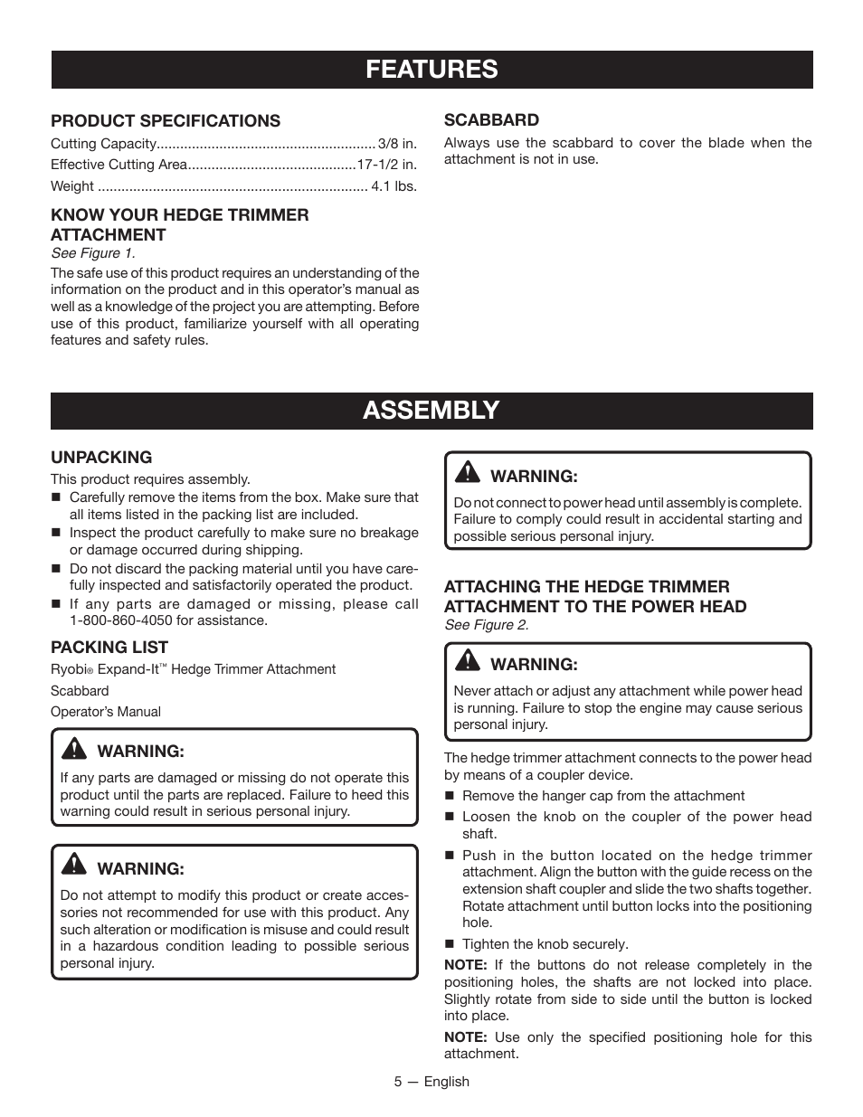 Features, Assembly | Ryobi RY15703 User Manual | Page 7 / 30