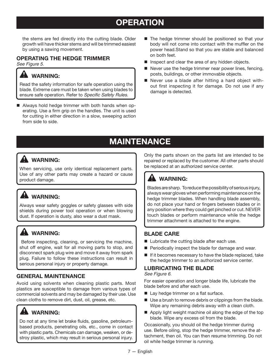 Operation, Maintenance | Ryobi RY15703 User Manual | Page 9 / 30