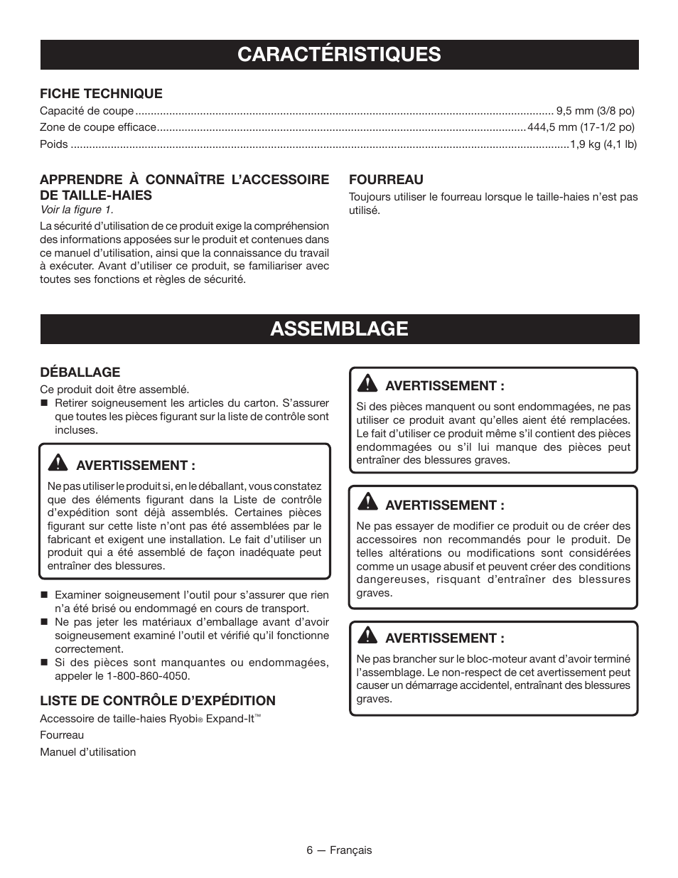 Caractéristiques, Assemblage | Ryobi RY15704 User Manual | Page 17 / 34