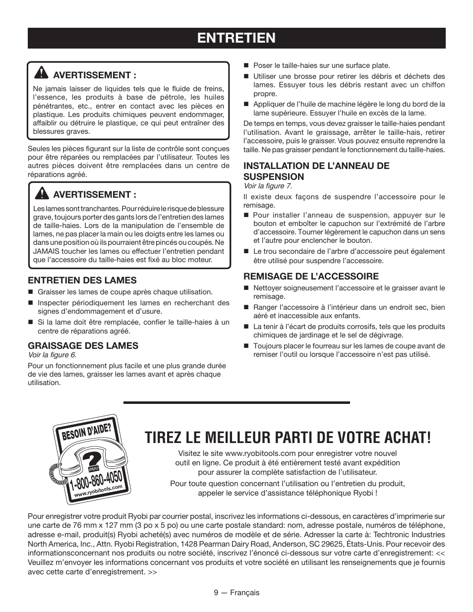 Tirez le meilleur parti de votre achat, Entretien, Besoin d’aid e | Ryobi RY15704 User Manual | Page 20 / 34