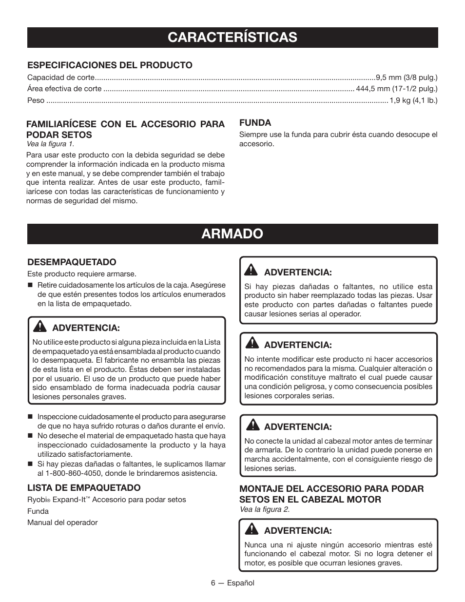 Características, Armado | Ryobi RY15704 User Manual | Page 26 / 34