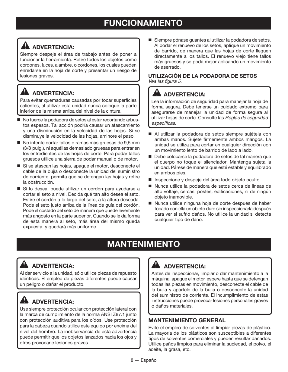 Funcionamiento, Mantenimiento | Ryobi RY15704 User Manual | Page 28 / 34