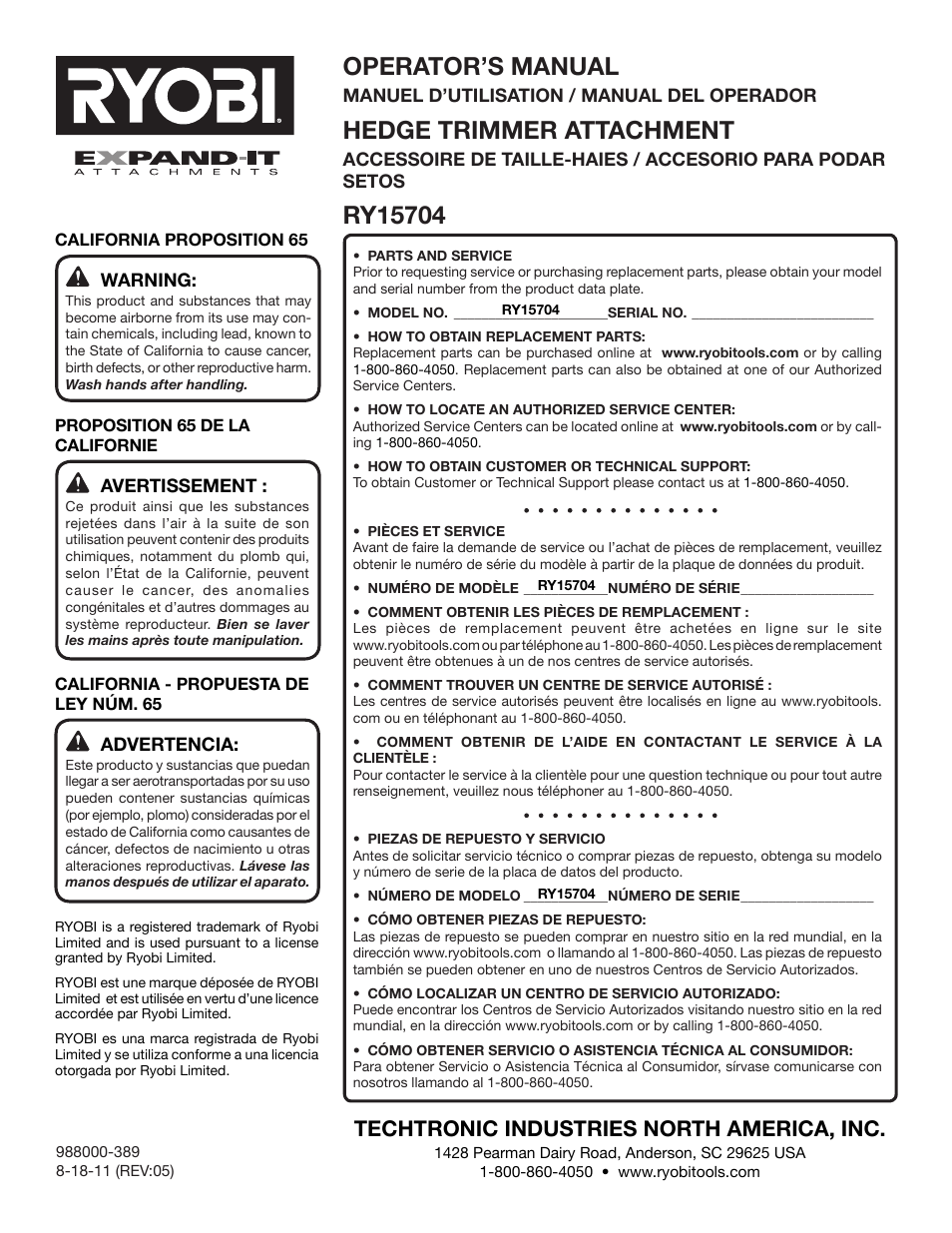 Operator’s manual, Hedge trimmer attachment, Techtronic industries north america, inc | Ryobi RY15704 User Manual | Page 34 / 34
