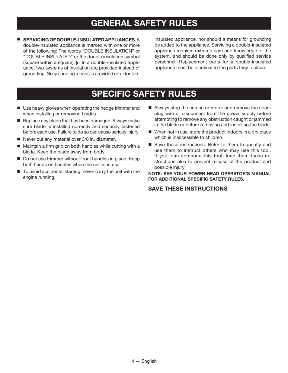 Specific safety rules, General safety rules | Ryobi RY15704 User Manual | Page 6 / 34