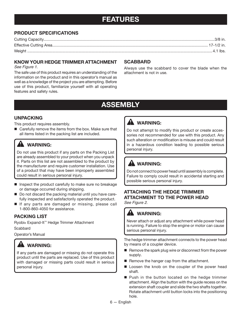 Features, Assembly | Ryobi RY15704 User Manual | Page 8 / 34
