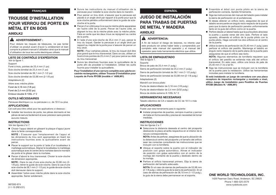 Ryobi A99DLK2 User Manual | Page 2 / 2