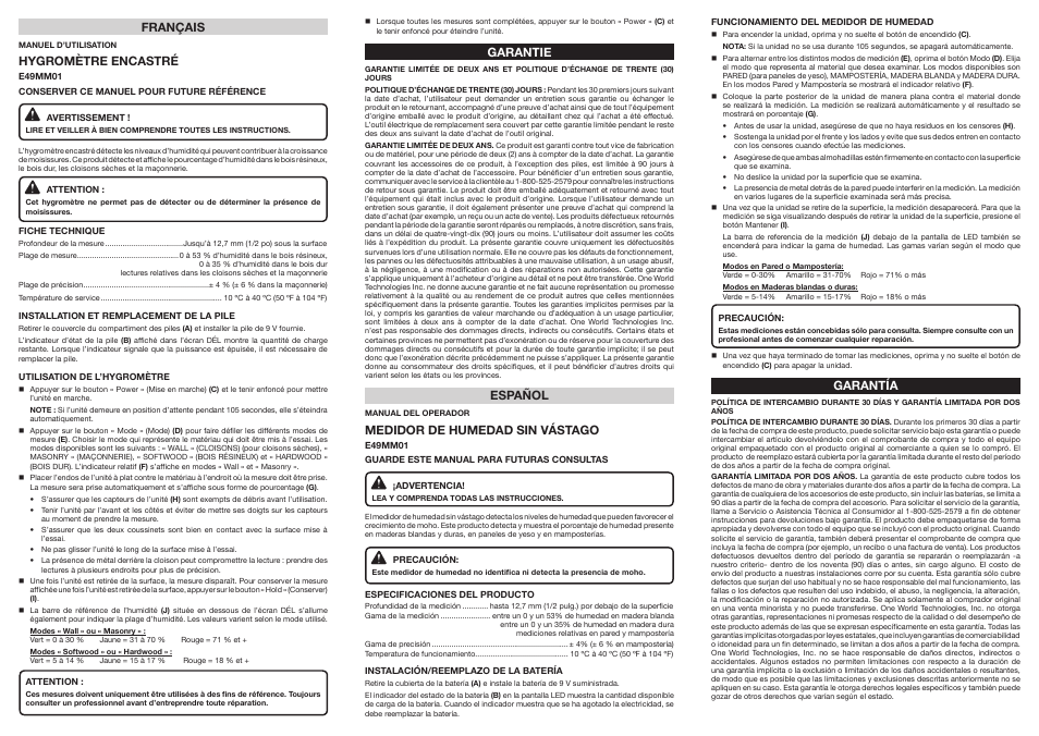 Français, Hygromètre encastré, Garantie | Español, Medidor de humedad sin vástago, Garantía | Ryobi E49MM01 User Manual | Page 2 / 2