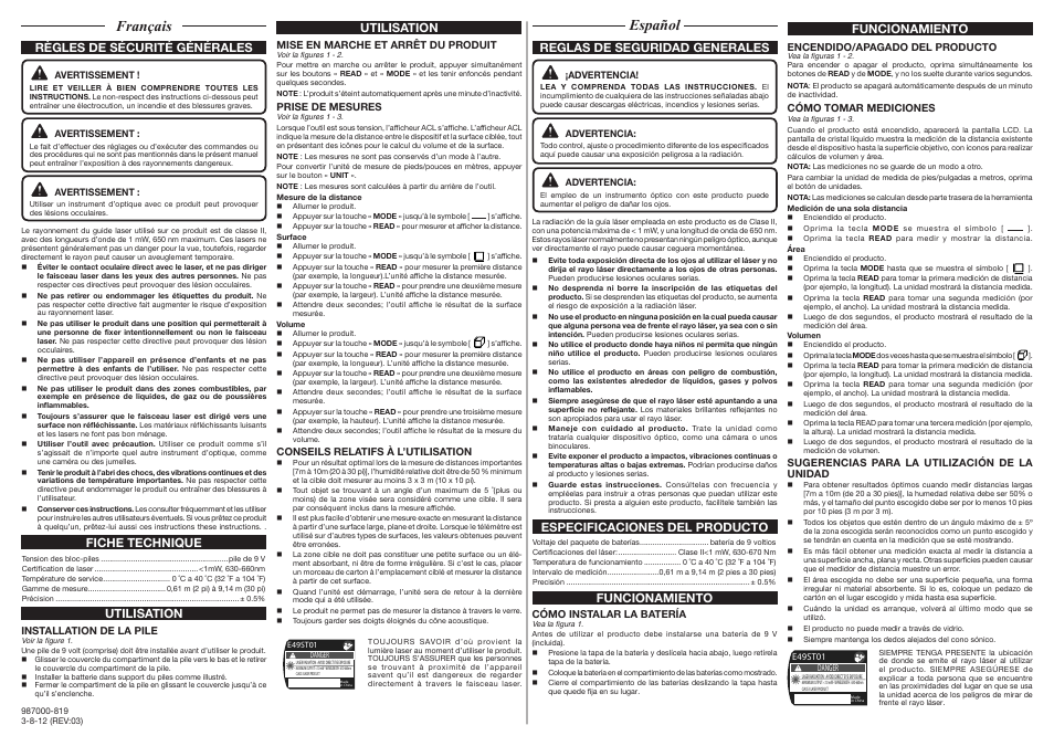 Français español, Especificaciones del producto funcionamiento, Funcionamiento | Ryobi E49ST01 User Manual | Page 2 / 2