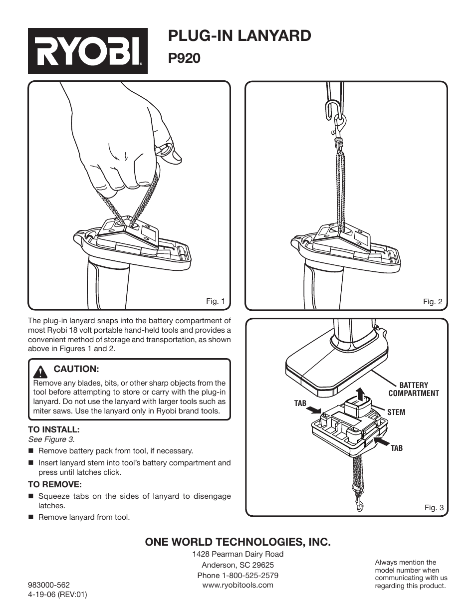 Ryobi P920 User Manual | 1 page