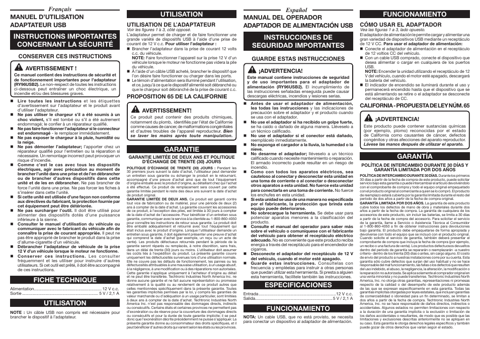 Utilisation funcionamiento funcionamiento, Garantie garantía, Français | Español | Ryobi RY96USB2 User Manual | Page 2 / 2