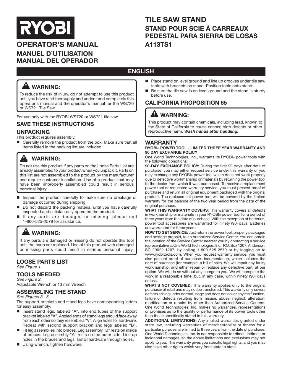Ryobi A113TS1 User Manual | 6 pages