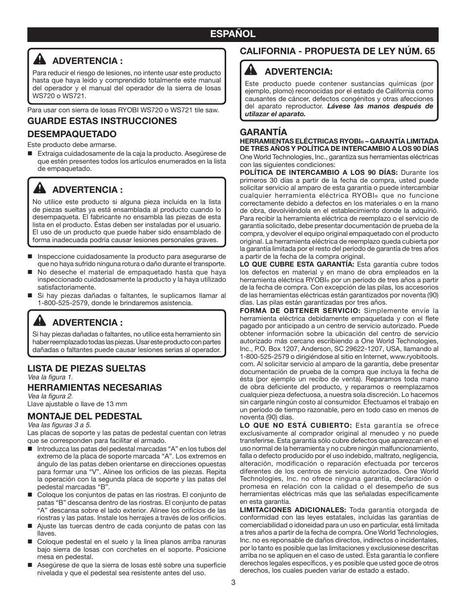 Español, Advertencia, Guarde estas instrucciones desempaquetado | Lista de piezas sueltas, Herramientas necesarias, Montaje del pedestal, California - propuesta de ley núm. 65 advertencia, Garantía | Ryobi A113TS1 User Manual | Page 3 / 6