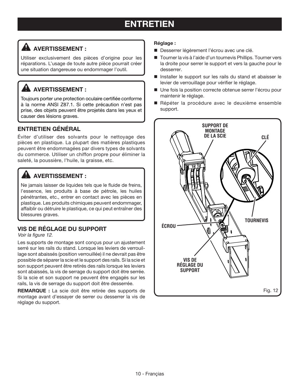 Entretien | Ryobi RMS10SB User Manual | Page 19 / 32