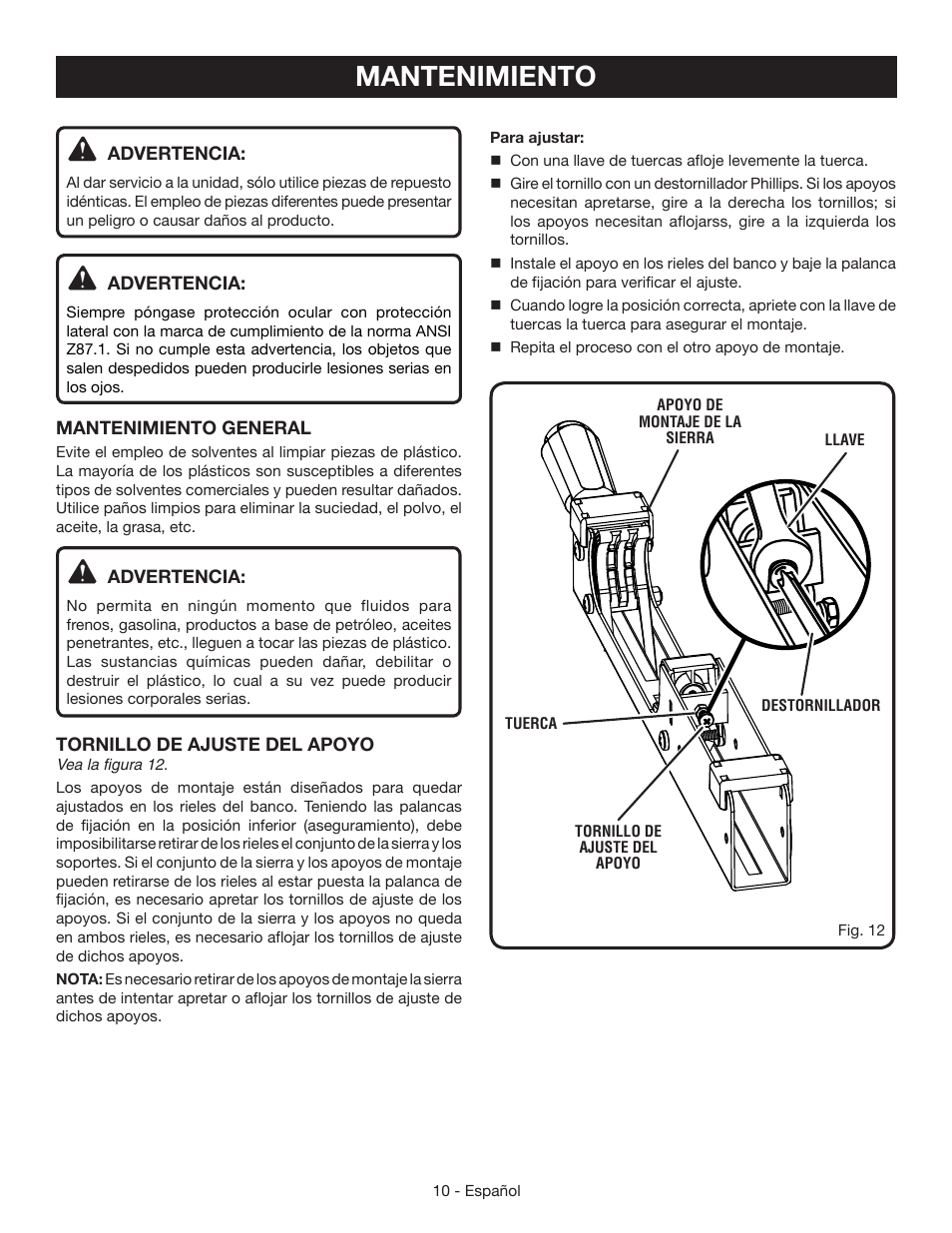 Mantenimiento | Ryobi RMS10SB User Manual | Page 28 / 32