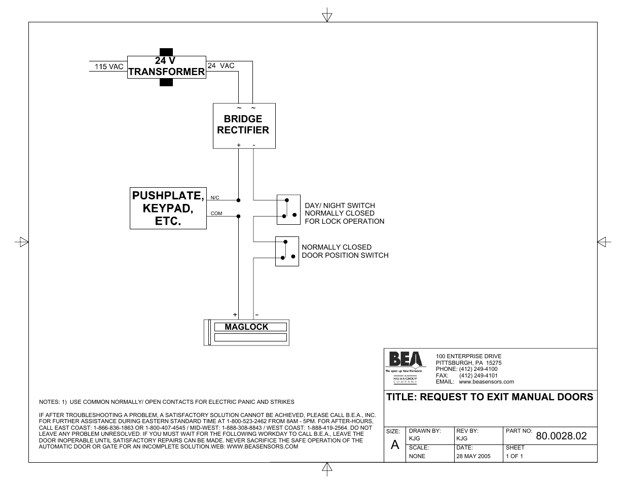0028.02_081905_request to exit manual doors, Title: request to exit manual doors, 24 v transformer | Bridge rectifier | BEA BodyGuard 80.0000.02 User Manual | Page 7 / 9
