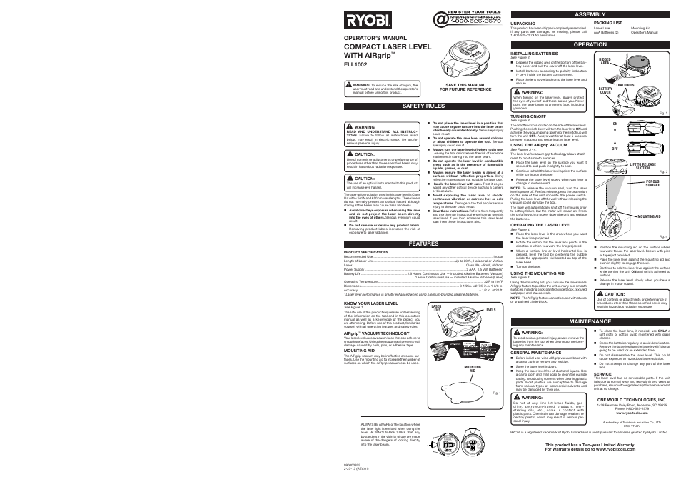 Ryobi ELL1002 User Manual | 2 pages