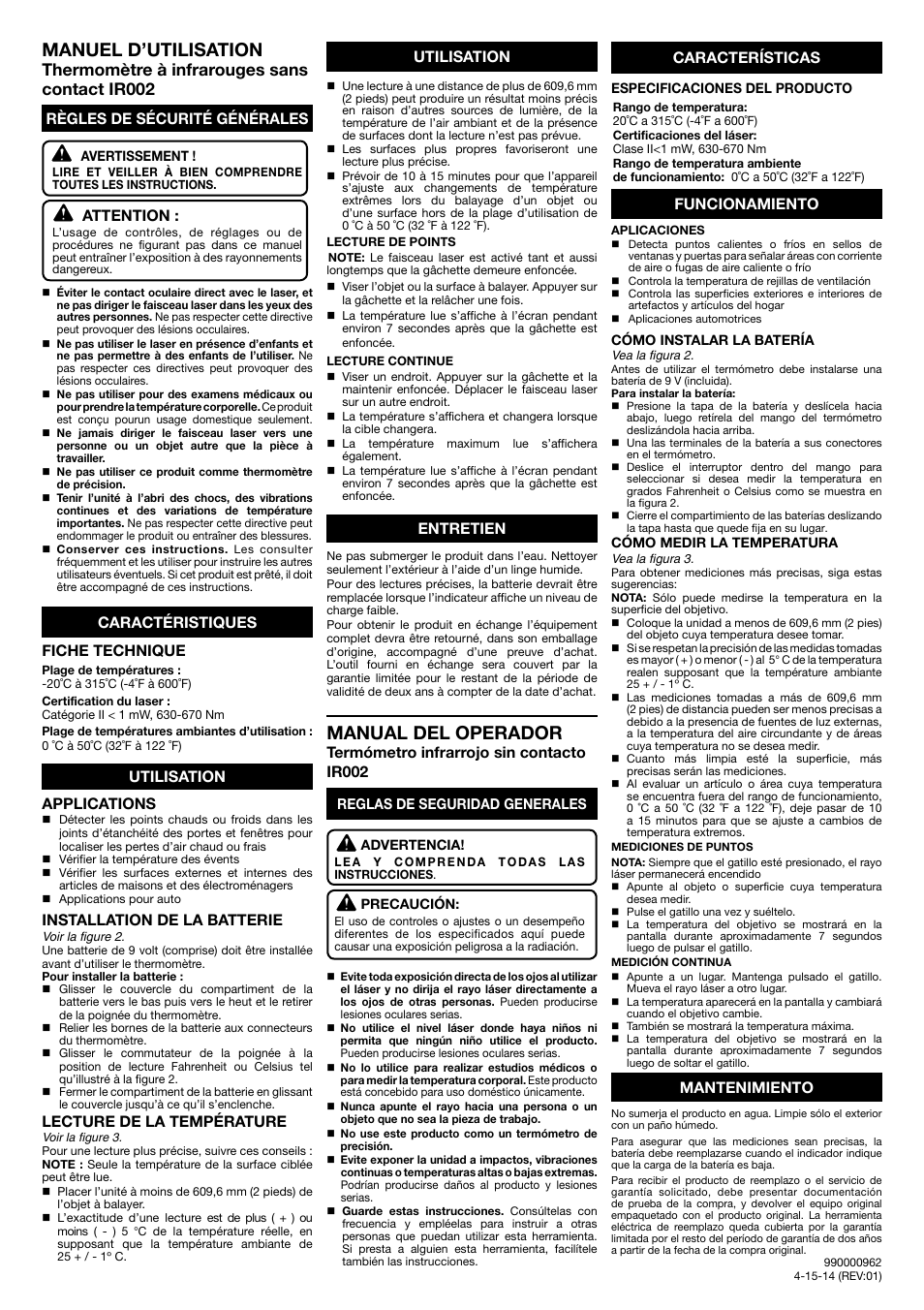 Manuel d’utilisation, Manual del operador, Thermomètre à infrarouges sans contact ir002 | Applications, Installation de la batterie, Lecture de la température, Règles de sécurité générales, Fiche technique, Attention, Caractéristiques utilisation utilisation entretien | Ryobi IR002 User Manual | Page 2 / 2